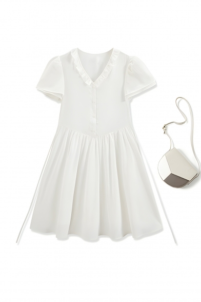 Creative Girls Solid Color Short-sleeved Loose V-neck Strappy Dress