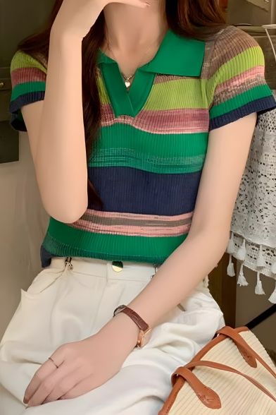 Creative Rainbow Stripe Pattern Short Sleeve Summer High Waist Girls Polo Shirt