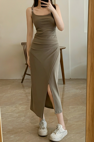 Elegant Woman Solid Color Slim Fit Hip Strap Square Neck Sexy Slit Dress