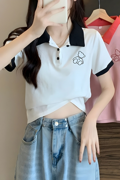 Simple Girls Bear Embroidery Pattern Lapel Short Sleeve Summer Polo Shirt