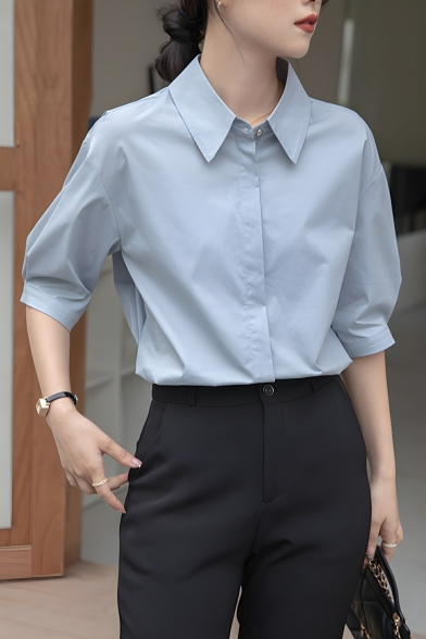 Girl Chic Solid Color 5 Minutes Sleeve Lapel Thin Loose Shirt
