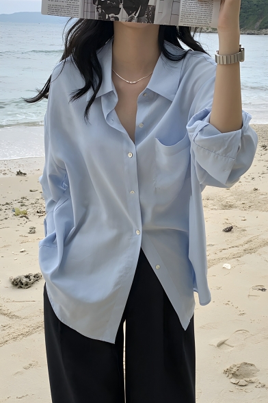 Girl Cool Solid Color Long Sleeve Lapel Loose Fit Breasted Shirt