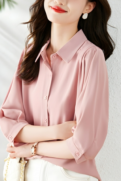 Girl Street Look Solid Color 3/4 Sleeves Lapel Loose Fit Breasted Shirt