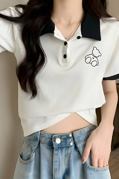 Simple Girls Bear Embroidery Pattern Lapel Short Sleeve Summer Polo Shirt