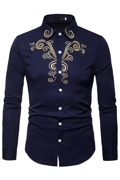 Boys' Urban Embroidered Floral Pattern Long Sleeve Lapel Straight-Breasted Shirt
