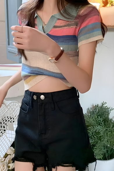 Creative Rainbow Stripe Pattern Short Sleeve Summer High Waist Girls Polo Shirt