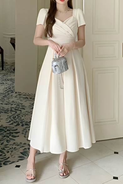 Elegant Woman Solid Color High Waist Pleated Square Neck Short Sleeve Dress