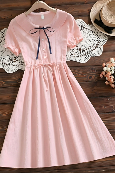 Girl Creative Solid Color Button Detail Short Sleeve Summer A-line Dress