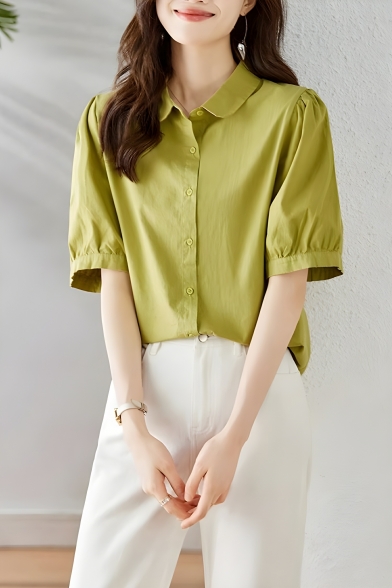 Girls Fashion Solid Color Short Sleeve Lapel Loose Buttoned Shirt