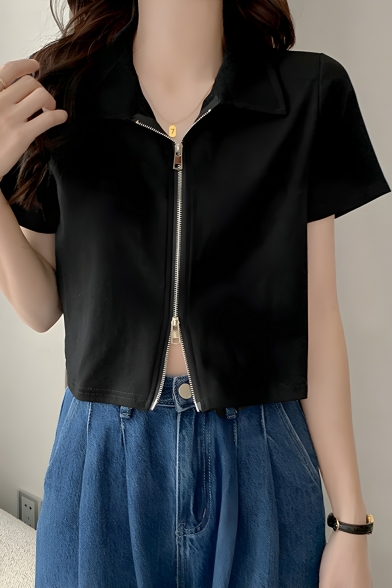 Simple Girls Solid Color Lapel Zipper Short Sleeve Summer Polo Shirt