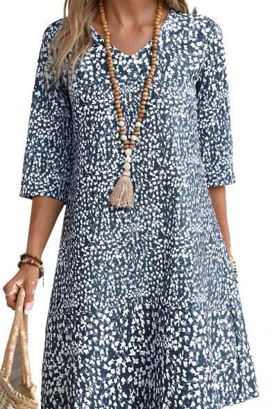 Trendy Girls V-neck Mid-sleeve Loose Casual Resort Style Floral Dress