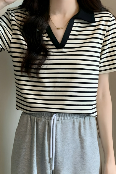 Creative Girls Striped Pattern Lapel Short Sleeve Summer Polo Shirt