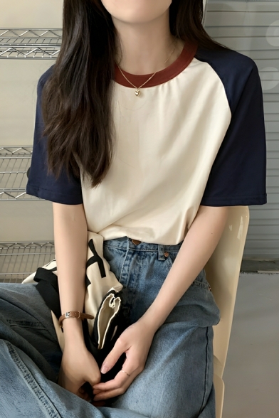 Fashionable Girl's Round Neck Short Sleeved Loose Contrast T-Shirt