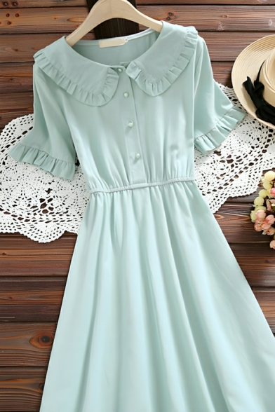 Pretty Girl's Solid Color Button Detail Short Sleeve Summer Dress