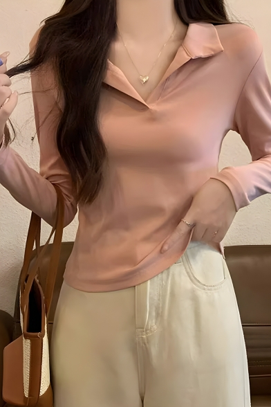 Simple Girl's Solid Color Lapel Collar Long Sleeve Summer Polo Shirt