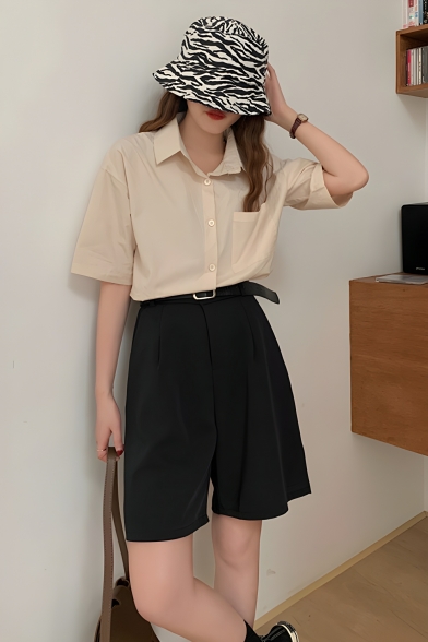 Girl Vintage Solid Colorfive Quarter Sleeve Lapel Straight Breasted Shirt