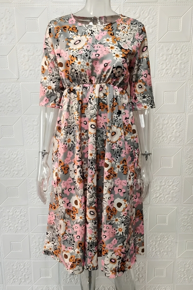 Women's Simple Mid-sleeve Waisted Floral Pattern Pocket Detail Dress
