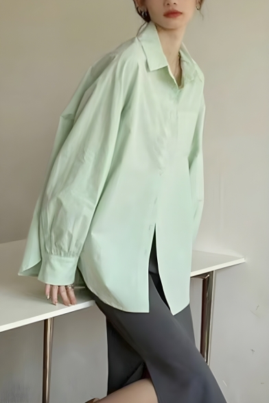 Girl Modern Solid Color Long Sleeve Lapel Loose Fit Breasted Shirt