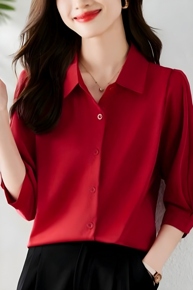 Girl Street Look Solid Color 3/4 Sleeves Lapel Loose Fit Breasted Shirt