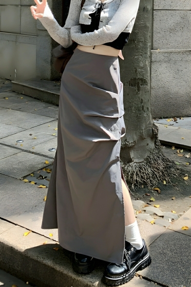 Simple Girl's Plain High Waist Thin A-line Skirt Niche Slit Mid-length Skirt