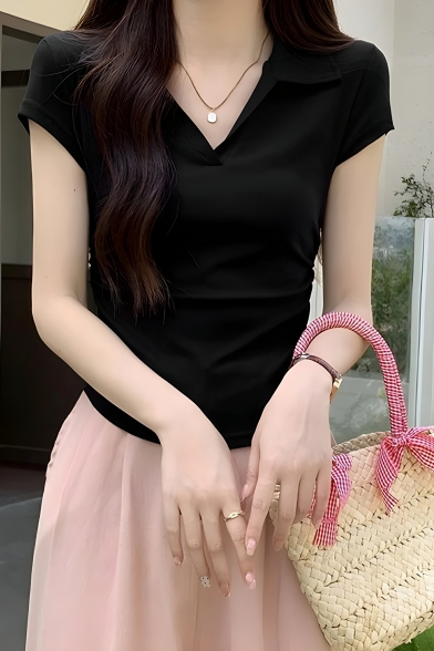 Casual Girls Solid Color Pleated Summer Short Sleeve Polo Shirt