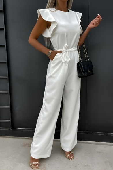 Modern Girl's Pure Color New Summer Street Looks Ruffles Jumpsuits