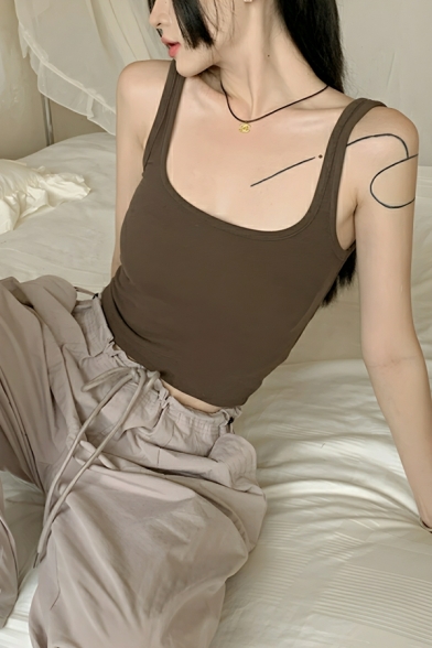 Modern Woman Solid Color Square Collar Sleeveless Suspender Slim Fit Short Vest T-shirt