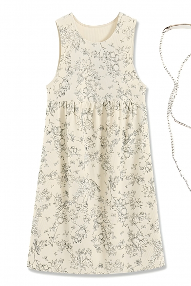 Cute Girly Printed Pattern Round Neck Sleeveless Summer A-Line Dress