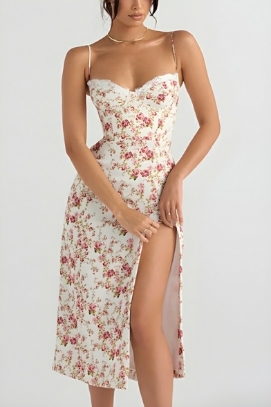 Girl Retro Floral Suspender Dress High Waist Slim Side Slit Knee Length Dress