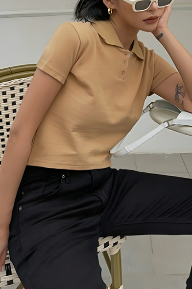 Modern Women's Solid Color Lapel Collar Short Sleeve All-match Slimming Polo Shirt