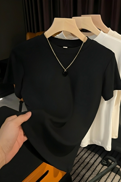 Modern Women's Solid Color Round Neck Short-sleeved Simple Design Slim Fit T-shirt