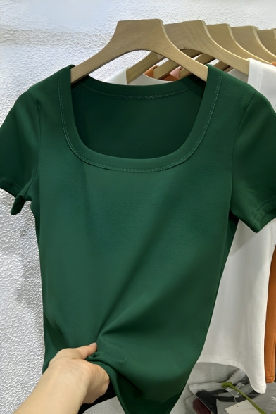 Modern Women's Solid Color Square Neck Simple Slim Short Sleeve T-Shirt