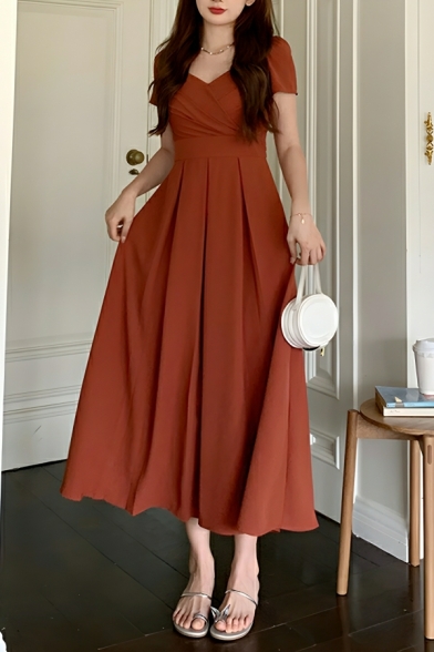 Elegant Woman Solid Color High Waist Pleated Square Neck Short Sleeve Dress