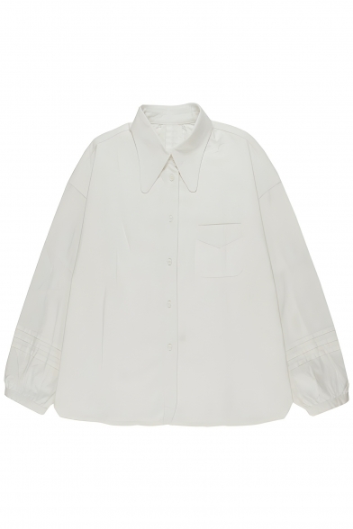 Girls Urban Solid Color Long Sleeve Lapel Pocket Detail Shirt