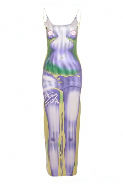 Edgy Women's 3D Body Print Pattern Square Neck Slim Backless Slip Dress