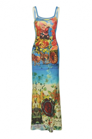 Elegant Women's Oil Painting Printing Slim Fitted Summer Dress