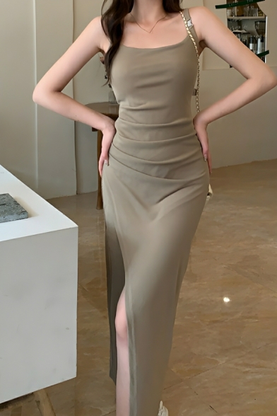 Elegant Woman Solid Color Slim Fit Hip Strap Square Neck Sexy Slit Dress
