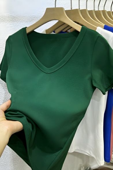 Modern Woman Solid Color V-neck Collarbone Short-sleeved Slim Fit T-shirt