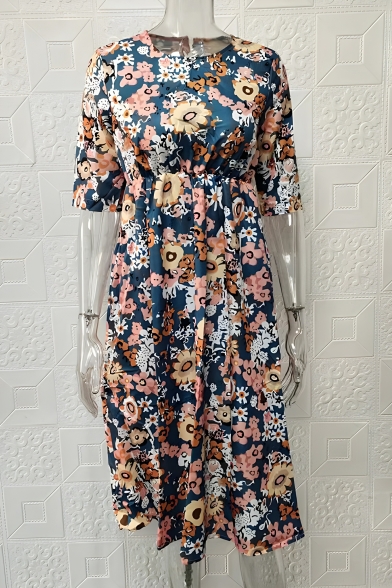 Women's Simple Mid-sleeve Waisted Floral Pattern Pocket Detail Dress