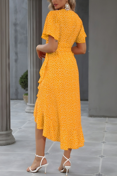 Beautiful Girl Polka Dot Pattern V-neck Irregular Short-sleeved Dress