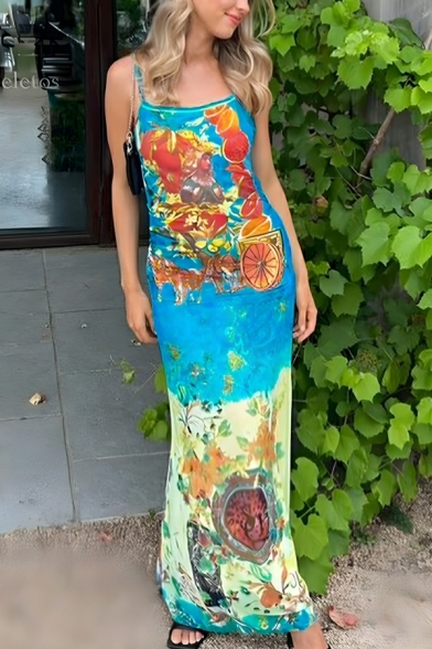 Elegant Women's Oil Painting Printing Slim Fitted Summer Dress