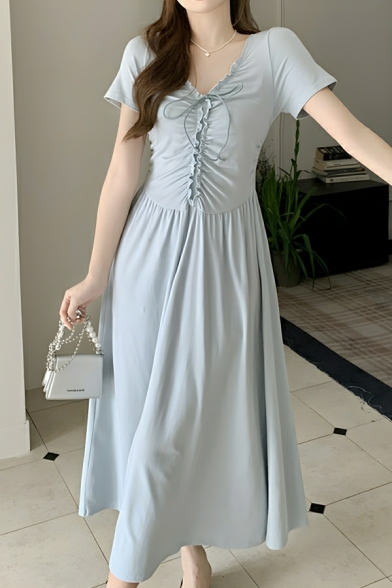 Elegant Woman Solid Color V-neck Short-sleeve Slim Waist Pleated Dress