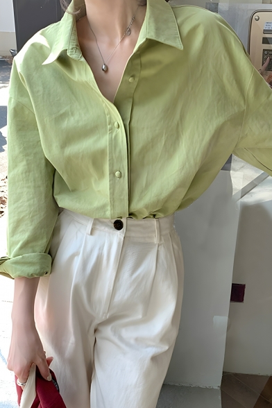 Girl Fancy Solid Color Long Sleeve Lapel Straight Breasted Shirt