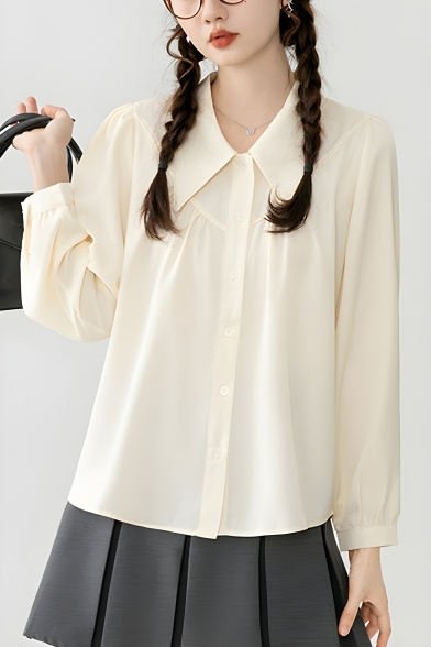 Girl Trendy Solid Color Long Sleeve Lapel Loose Fit Breasted Shirt