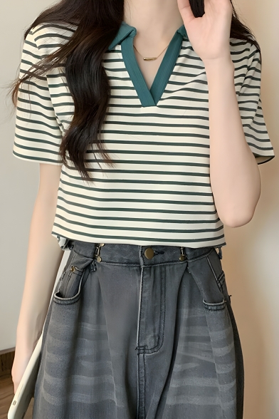 Creative Girls Striped Pattern Lapel Short Sleeve Summer Polo Shirt