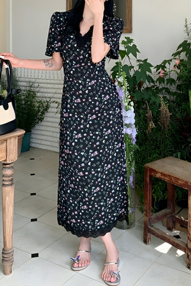 Elegant Women's Floral Pattern Stitching Lace V-neck Waist Short-sleeved Dress