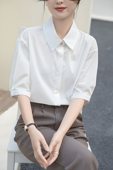 Girl Chic Solid Color 5 Minutes Sleeve Lapel Thin Loose Shirt
