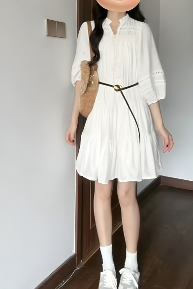 Girl Fancy Solid Color V Neck Loose Waist Half-sleeved A-line Midi Dress