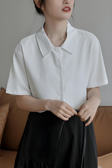 Girl Vintage Solid Color Five Quarter Sleeves Lapel Loose Fit Breasted Shirt