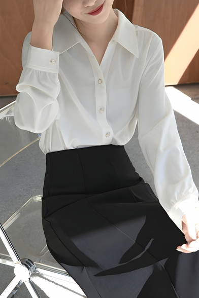 Girl Vintage Solid Color Long Sleeve Lapel Loose Fit Breasted Shirt